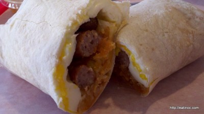 Omega Burger, sausage breakfast burrito